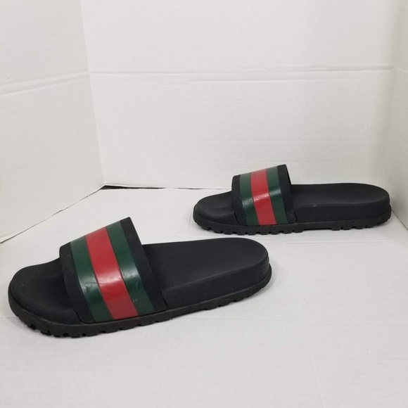 Mens Gucci Green Red Web Signature Stripe Slide Sandal Black Rubber Size 11 - Picture 5 of 16